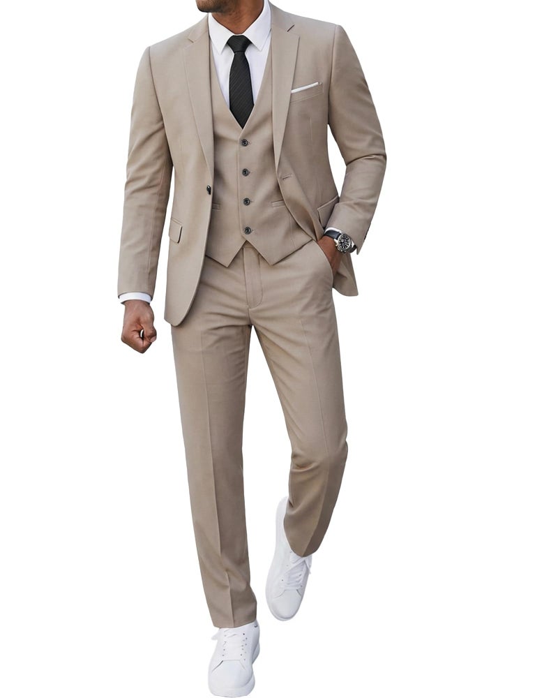 MrSure Men's 3 Piece Suit Blazer, Slim Fit Tux with One Button, Jacket Vest Pants & Tie Set for Party, Wedding and Business Beige - Image 1